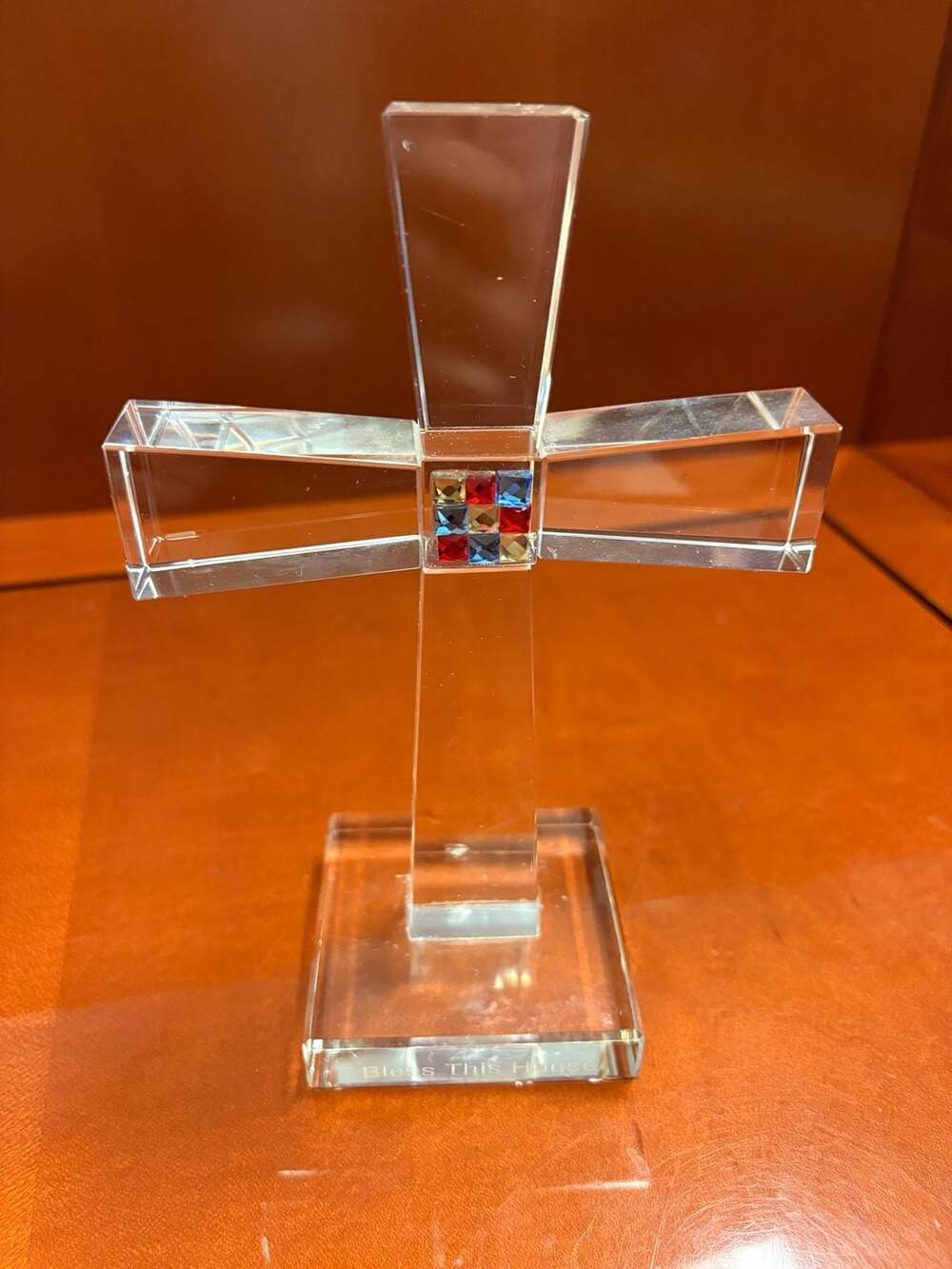 Oleg Cassini Crystal Glass Bless This House Standing Cross with Mosaic Center